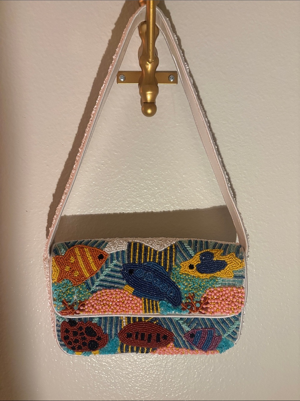 India Boutique Multicolor Beaded Fish Mini Bag with Pink Strap